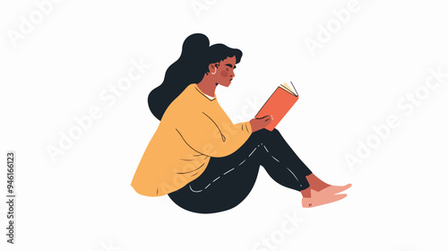 Plus Size Woman Sitting with Book in Hands Flat Vector Illustration