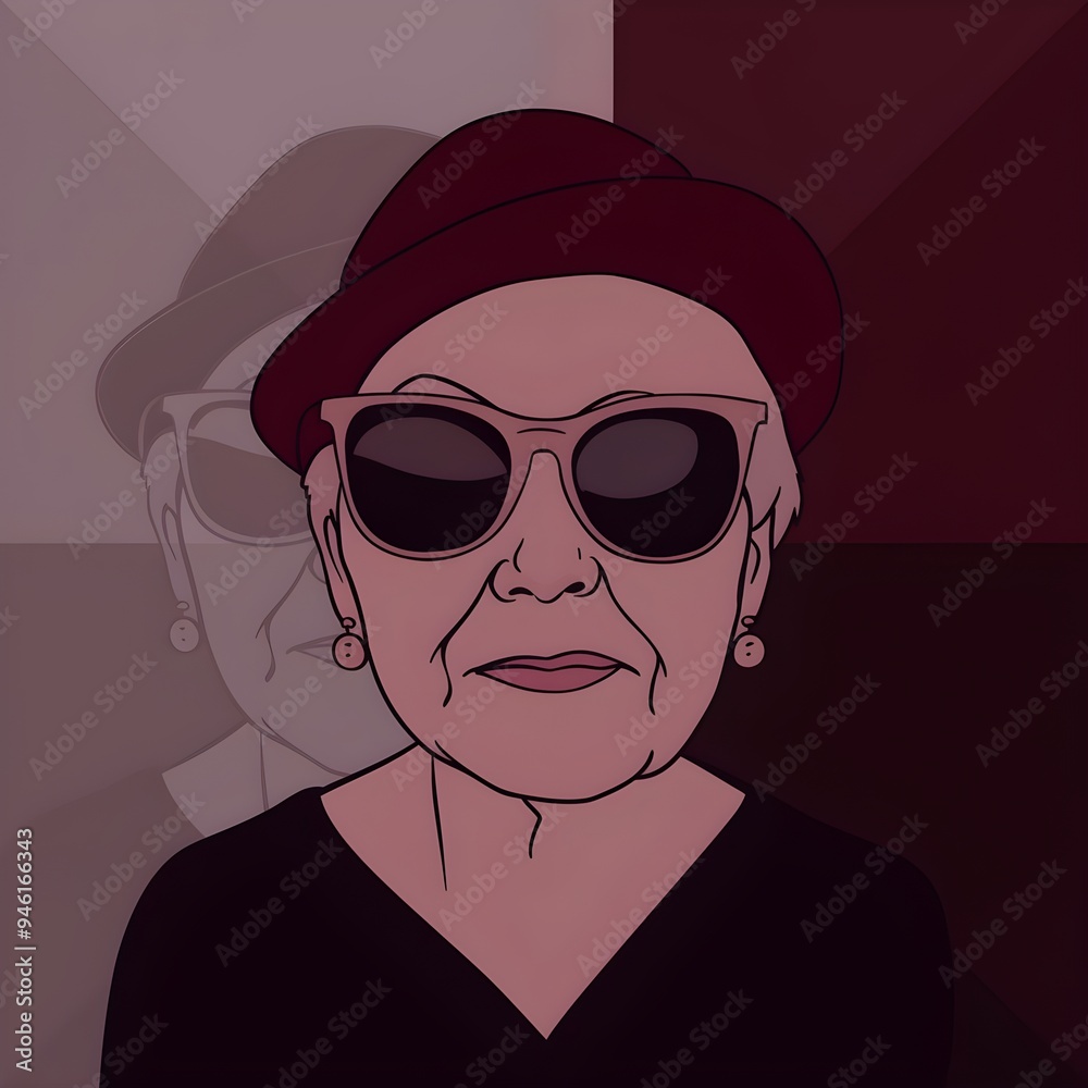 A Stylish Minimalist 2D Illustration of a Trendy Granny Wearing Oversized Maroon Sunglasses and a Matching Hat in Black and Maroon A Stylish Minimalist 2D Illustration of a Trendy Granny Wearing Oversized Maroon Sunglasses and a Matching Hat in Black and Maroon