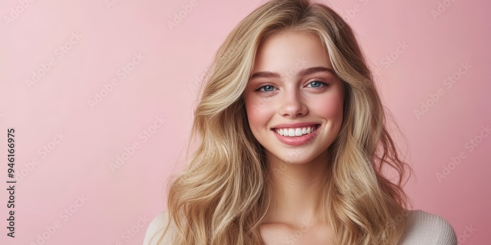 Smiling young woman with long blonde hair on a pastel background for hair salon advertising Smiling young woman with long blonde hair on a pastel background for hair salon advertising
