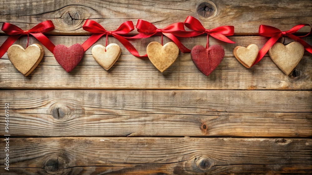 Valentine's Day border with wooden hearts and ribbon on rustic background, perfect for romantic designs Valentine's Day border with wooden hearts and ribbon on rustic background, perfect for romantic designs