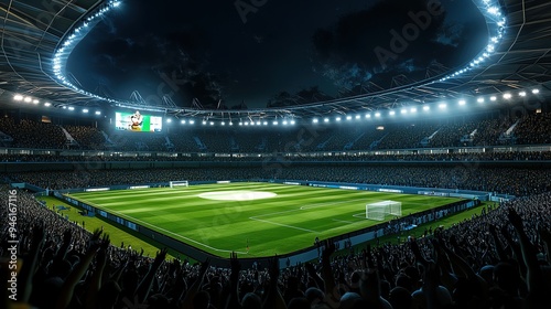 A large stadium with bright lights and green grass, full of cheering fans at night Generative AI
