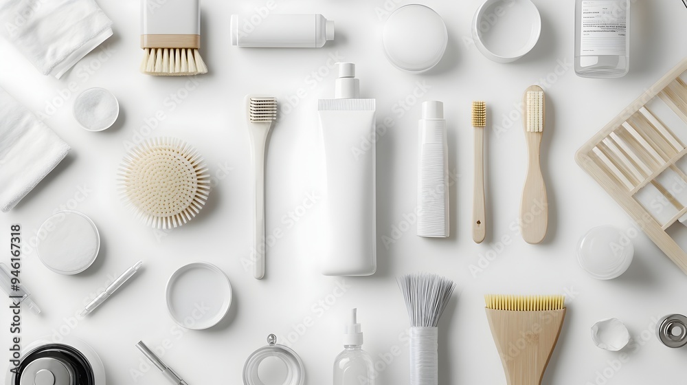 Carefully arranged assortment of routine household items thoughtfully positioned on a pristine white plane creating a visually interesting and aesthetically pleasing composition The soft Carefully arranged assortment of routine household items thoughtfully positioned on a pristine white plane creating a visually interesting and aesthetically pleasing composition The soft