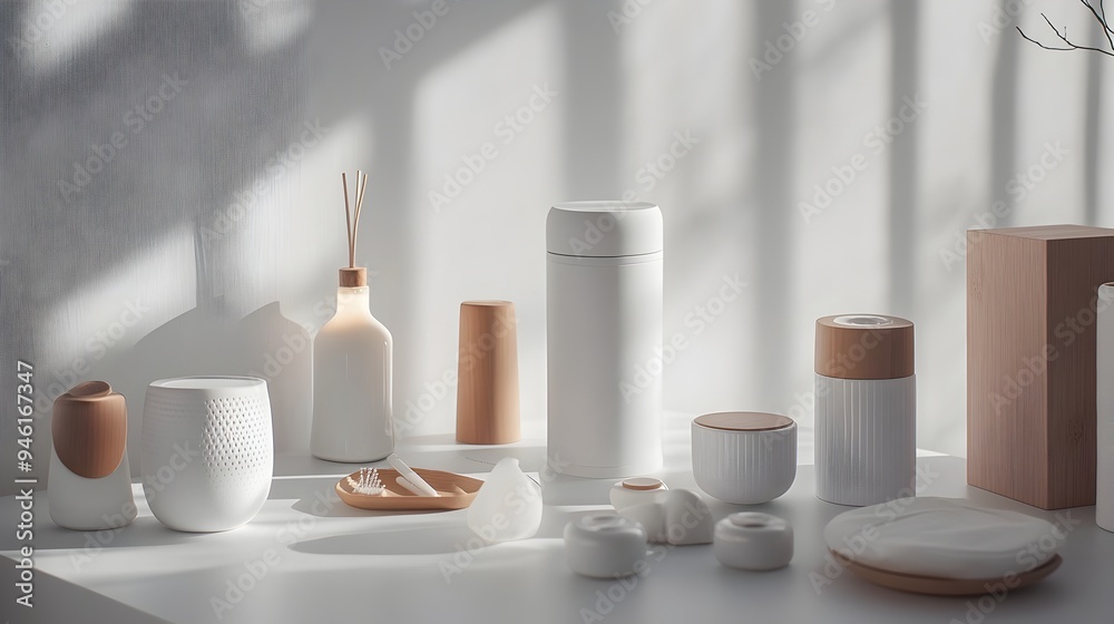 Carefully arranged collection of various household items and everyday essentials artfully positioned on a pure white background creating a visually rhythmic and refined composition with soft Carefully arranged collection of various household items and everyday essentials artfully positioned on a pure white background creating a visually rhythmic and refined composition with soft