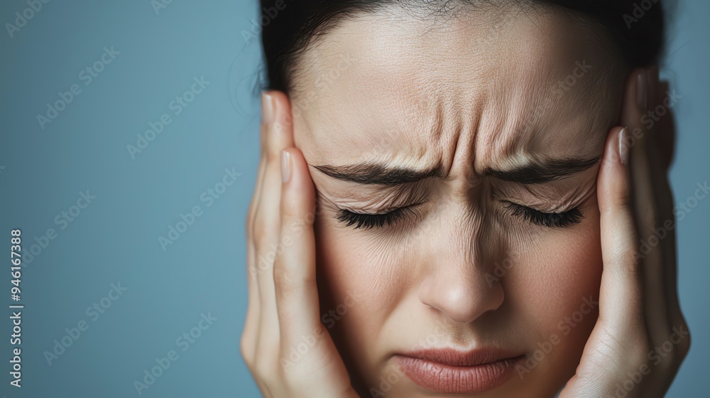 Closeup of a persons face with a pained expression, emphasizing the unending pain and ache, healthcare and pain management Closeup of a persons face with a pained expression, emphasizing the unending pain and ache, healthcare and pain management