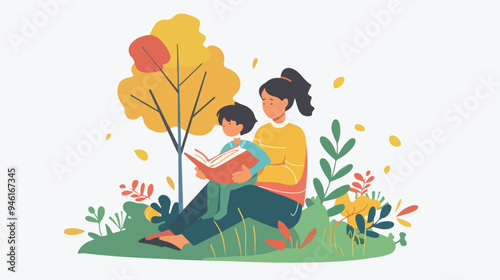 Young Boy Reading Book Outdoors in Park