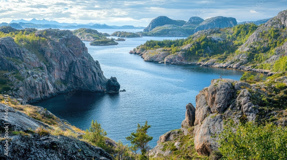 Fototapeta premium A remote archipelago with rugged cliffs and hidden coves, surrounded by the deep blue ocean.