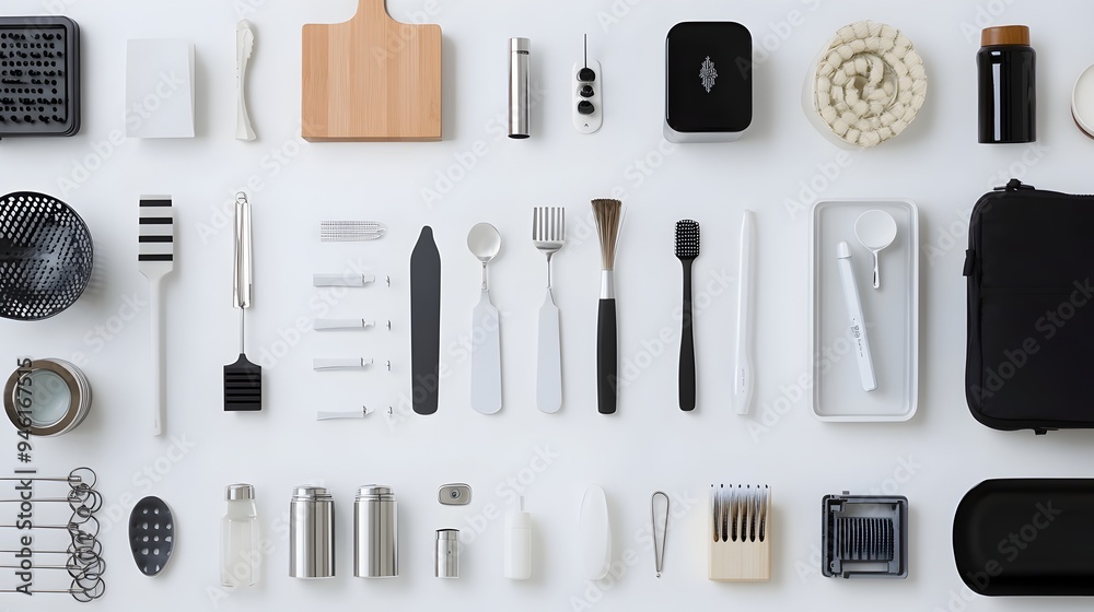 Carefully Arranged Diverse Range of Household Items on a Clean White Backdrop with High Key Lighting Creating a Visually Appealing and Minimalist Composition Carefully Arranged Diverse Range of Household Items on a Clean White Backdrop with High Key Lighting Creating a Visually Appealing and Minimalist Composition