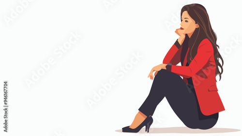 Professional Thoughtful Businesswoman Sitting Flat Vector Illustration