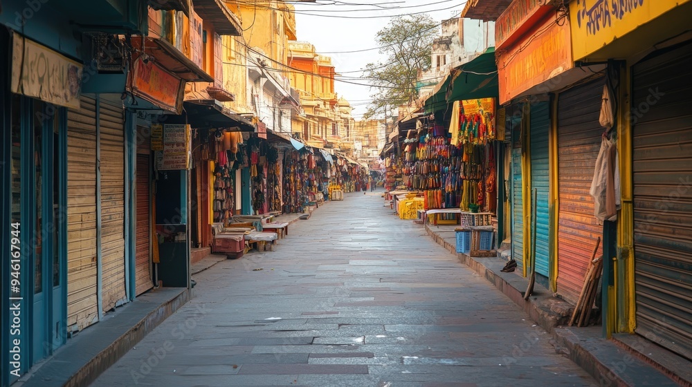 Fototapeta premium Empty Jaipur Market: An early morning shot of Jaipura vibrant market streets, with colorful stalls and shops closed
