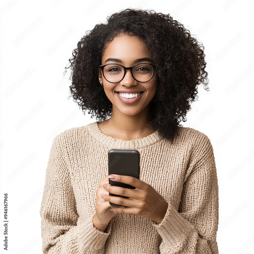 A beautiful, young black woman holding a phone on a transparent background. No background is provided. A beautiful, young black woman holding a phone on a transparent background. No background is provided.