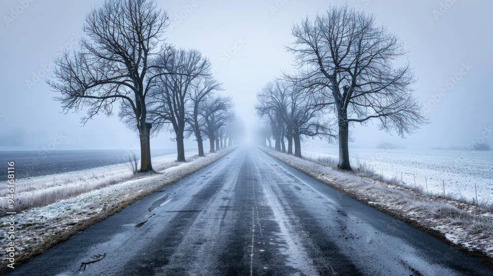 A straight road through an open countryside in winter, lined with bare trees dusted with snow, the road wet from melting ice, and fog rolling in from the horizon A straight road through an open countryside in winter, lined with bare trees dusted with snow, the road wet from melting ice, and fog rolling in from the horizon