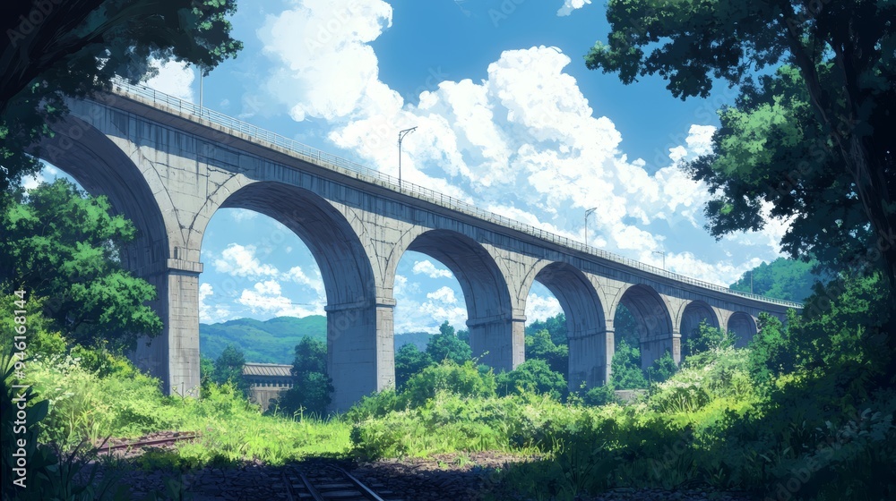 Viaduct in a Colorful, Dreamlike Setting, anime style Viaduct in a Colorful, Dreamlike Setting, anime style