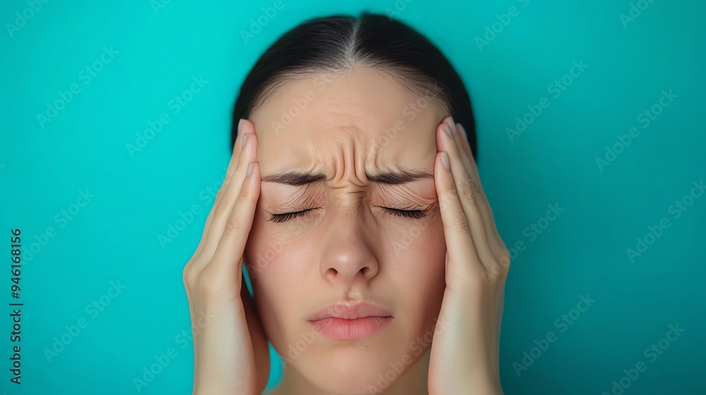 Extreme closeup of a person pressing their temple, showing constant stressinduced headache pain, mental strain Extreme closeup of a person pressing their temple, showing constant stressinduced headache pain, mental strain