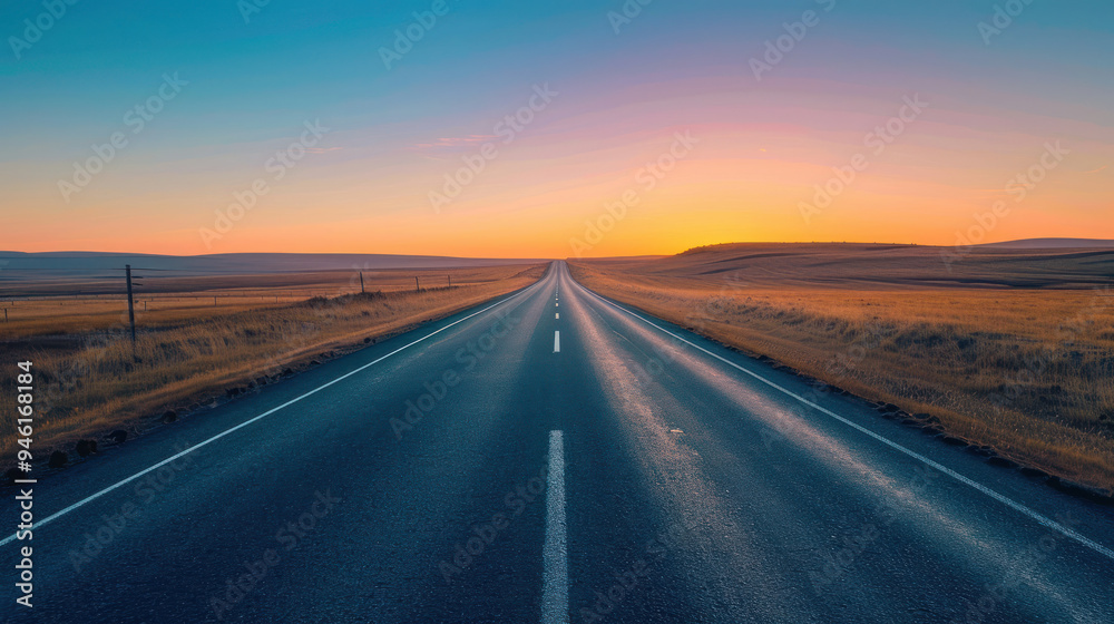 A straight highway stretching towards the horizon at dawn, with the sky transitioning from deep blue to warm orange, and the road bathed in the early morning glow A straight highway stretching towards the horizon at dawn, with the sky transitioning from deep blue to warm orange, and the road bathed in the early morning glow