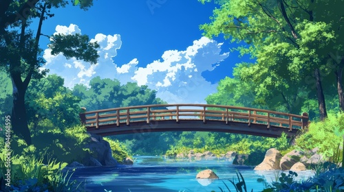 wooden bridge over the river in anime style photo