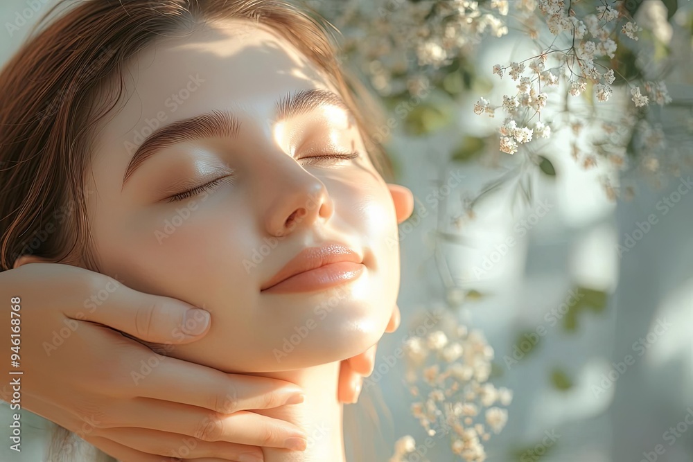 Detailed view of a woman receiving a neck massage, her eyes closed in comfort, sunlight illuminating her soft skin, background gently blurred with elements of nature Detailed view of a woman receiving a neck massage, her eyes closed in comfort, sunlight illuminating her soft skin, background gently blurred with elements of nature