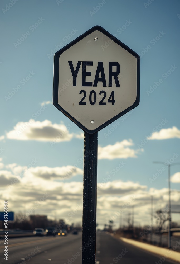 Obraz premium A sign along a highway states that the year is 2024.