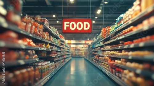 An aisle in a grocery store with a sign that says Food.