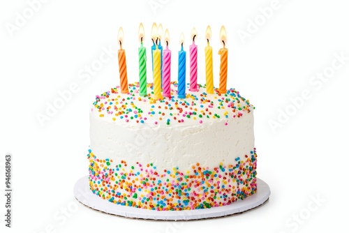 An isolated white background shows a colorful birthday cake with candles.