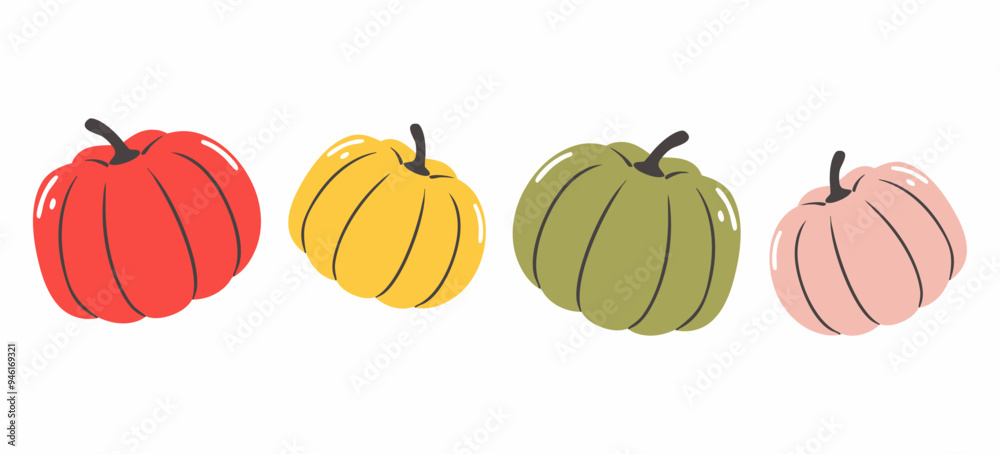 Set of four pumpkins. Red, yellow, green and peach cartoon pumpkins isolated on white background. Vector illustration of cute pumpkins in flat style. Ready for scrapbooking, cards, stickers, clipart. Set of four pumpkins. Red, yellow, green and peach cartoon pumpkins isolated on white background. Vector illustration of cute pumpkins in flat style. Ready for scrapbooking, cards, stickers, clipart.