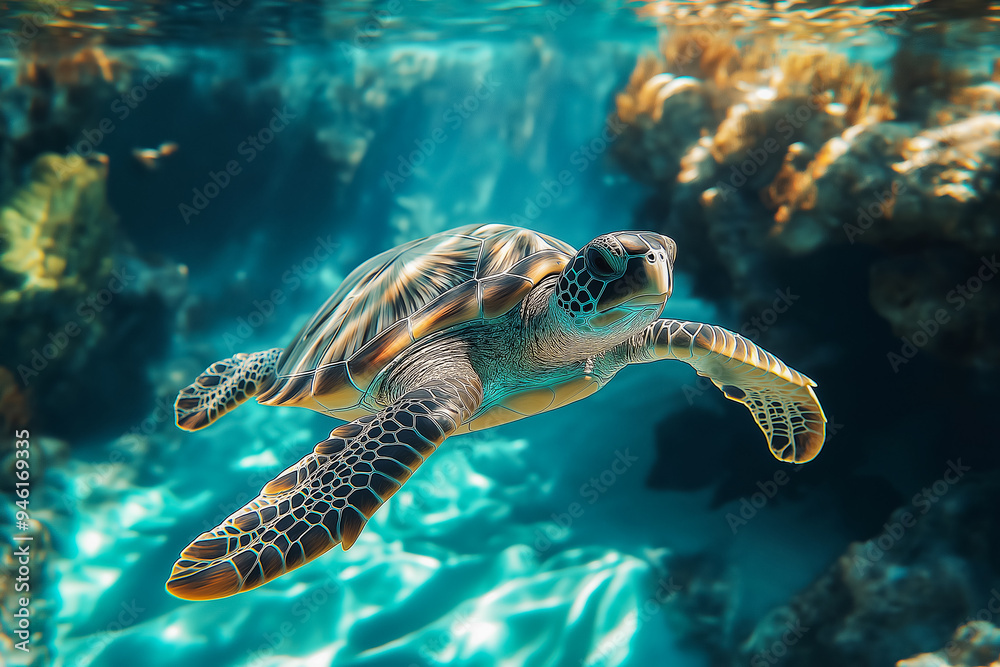 Fototapeta premium A sea turtle swims in the blue transparent water of the ocean.