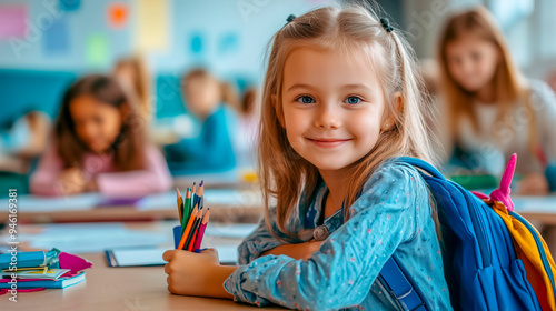 Niña con mochila en su primer día de la vuelta al cole sentada en su pupitre de clase