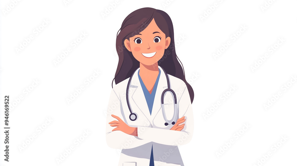 Friendly female doctor wearing a lab coat and stethoscope while smiling confidently against a plain background Friendly female doctor wearing a lab coat and stethoscope while smiling confidently against a plain background