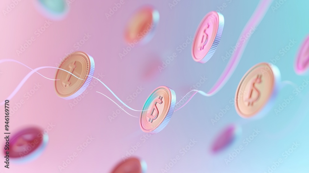 Fototapeta premium Financial concept illustration featuring floating coins in pastel hues against a soft gradient background. The abstract design symbolizes money flow and investment in a modern economy.
