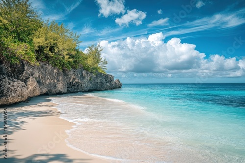 A beach with a rocky cliff on one side and a clear blue ocean on the other. photo