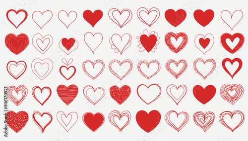 Set collection lot coeurs rouges doodles dessin formes différentes isolées fond blanc.