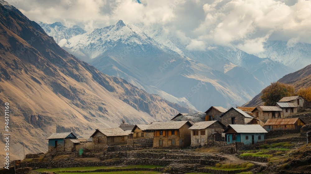 Obraz premium Lonely Indian Mountain Village: A remote mountain village in India, with traditional houses and a sense of isolation