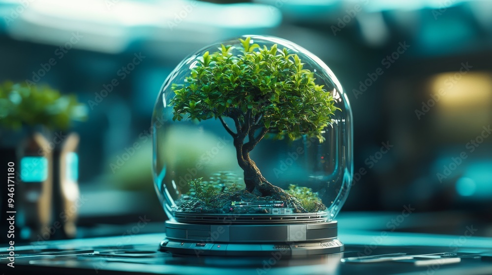 Small tree growing inside a glass biodome in a futuristic laboratory Small tree growing inside a glass biodome in a futuristic laboratory