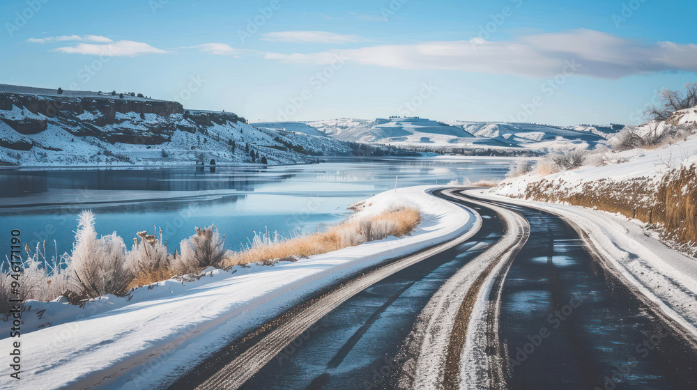 A scenic road along a frozen lake, with snow-covered hills rising in the background, the road winding gently through the icy, serene landscape A scenic road along a frozen lake, with snow-covered hills rising in the background, the road winding gently through the icy, serene landscape
