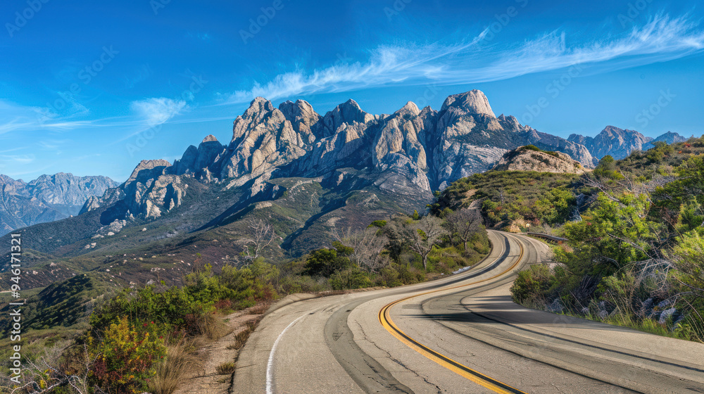 A scenic mountain road with sharp curves, hugging the edge of the cliffs, with majestic peaks in the background and a clear blue sky overhead A scenic mountain road with sharp curves, hugging the edge of the cliffs, with majestic peaks in the background and a clear blue sky overhead