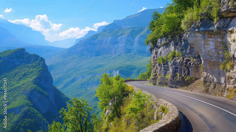 A scenic mountain road with sharp curves, hugging the edge of the cliffs, with majestic peaks in the background and a clear blue sky overhead A scenic mountain road with sharp curves, hugging the edge of the cliffs, with majestic peaks in the background and a clear blue sky overhead