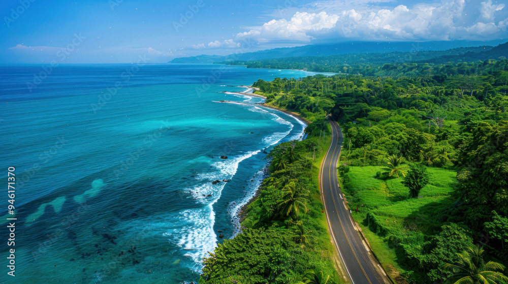 A scenic drive along a tropical coastline, with vibrant blue water on one side, lush greenery on the other, and the road disappearing into the horizon A scenic drive along a tropical coastline, with vibrant blue water on one side, lush greenery on the other, and the road disappearing into the horizon