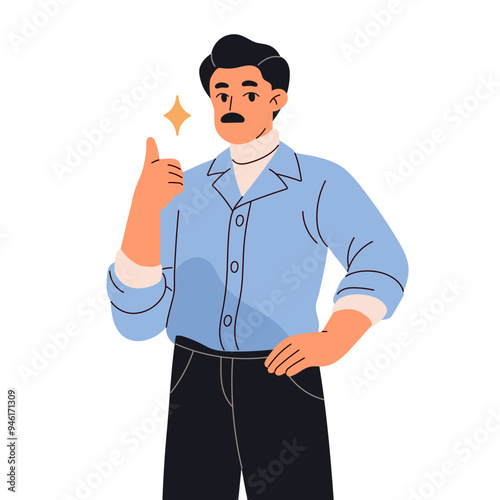 Adult man with mustache shows approval hand gesture. Happy employee with thumbs up. Business person with sign of success, good mood, win. Flat isolated vector illustration on white background