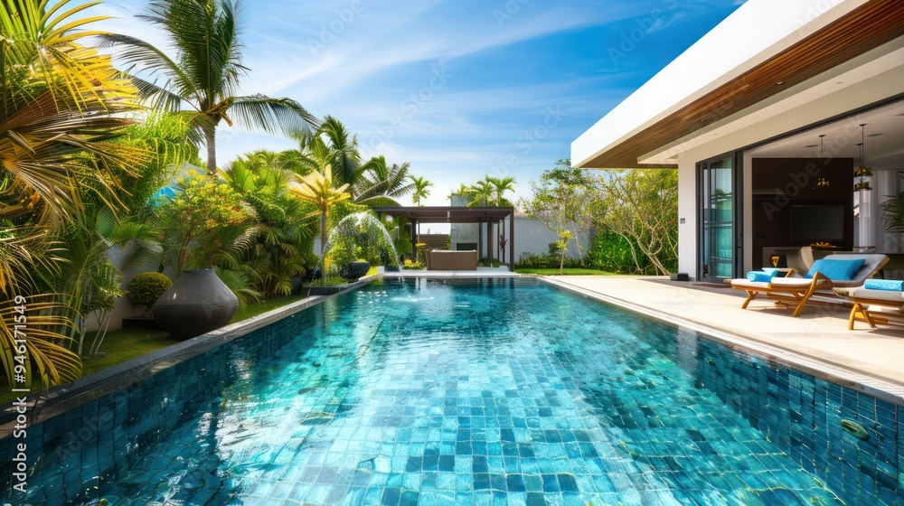Modern swimming pool design in private luxury villa mansion surrounded by landscaped gardens. Modern swimming pool design in private luxury villa mansion surrounded by landscaped gardens.