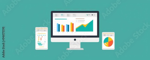 Digital analytics dashboard display on a computer and mobile devices showing various charts and graphs for data analysis.