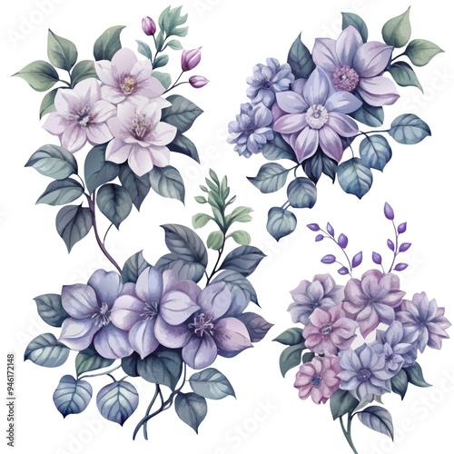 Watercolor Bouquets Featuring Pastel Purple and Pink Blossoms on White Background