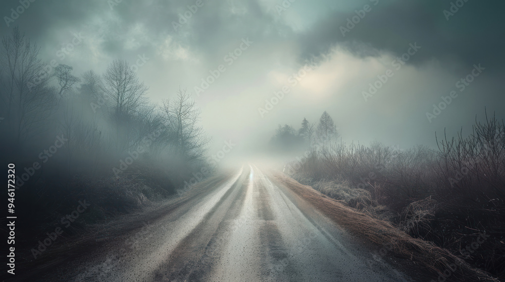 A rural road leading into a thick, impenetrable fog, with the surroundings gradually fading away until the road seems to vanish completely A rural road leading into a thick, impenetrable fog, with the surroundings gradually fading away until the road seems to vanish completely
