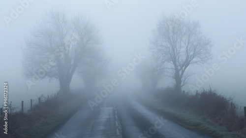 A rural road engulfed by a thick fog, with visibility reduced to a few feet, the road ahead barely visible, and trees shrouded in mist on either side