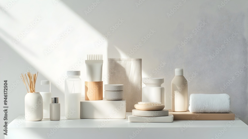 Harmonious and Balanced Arrangement of Everyday Household Essentials Artfully Displayed on a Serene Pure White Setting Showcasing Muted Color Tones Even Bright Illumination Harmonious and Balanced Arrangement of Everyday Household Essentials Artfully Displayed on a Serene Pure White Setting Showcasing Muted Color Tones Even Bright Illumination