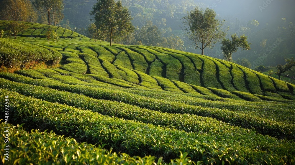 Fototapeta premium Lonely Tea Plantation: A lush tea plantation in the hills of Darjeeling, with rows of tea plants stretching into the distance