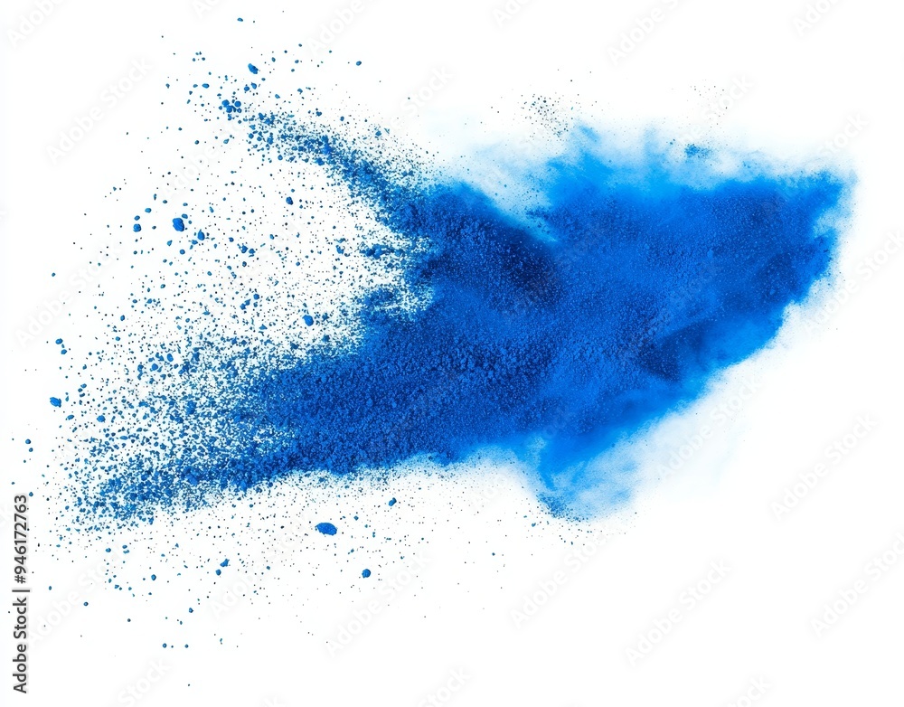 The color powder of holi paint is rapidly burning in an explosion burst on a white background. An industrial print concept background in bright cyan blue. The color powder of holi paint is rapidly burning in an explosion burst on a white background. An industrial print concept background in bright cyan blue.