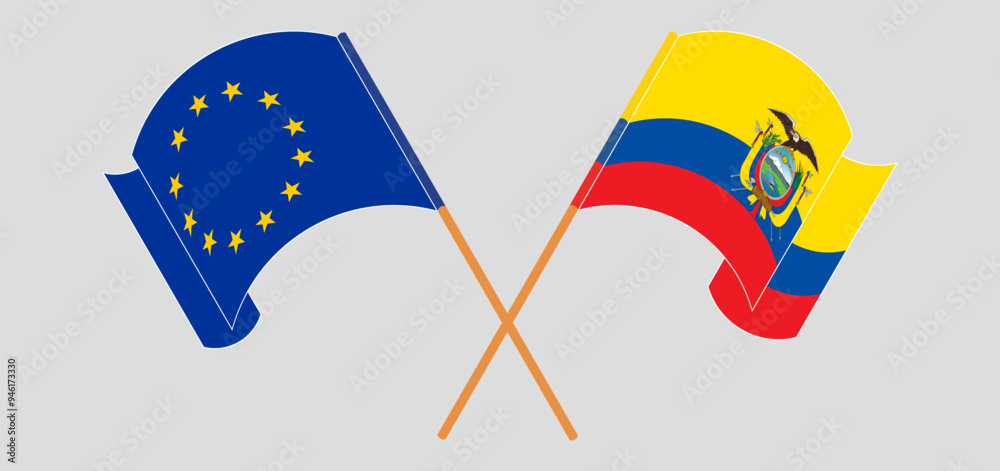 Crossed and waving flags of the European Union and Republic of Ecuador Crossed and waving flags of the European Union and Republic of Ecuador