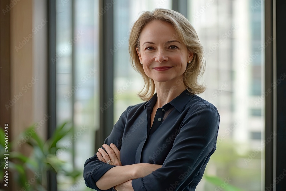 Confident smiling middle aged business woman attorney, 45 years old lady entrepreneur, mature female professional executive manager leader standing arms crossed in office looking at camera. ai Confident smiling middle aged business woman attorney, 45 years old lady entrepreneur, mature female professional executive manager leader standing arms crossed in office looking at camera. ai