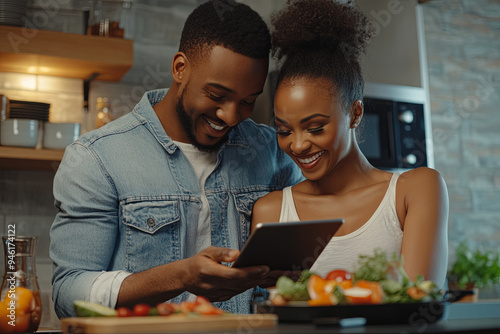 Biracial african american couple are cooking together in a modern kitchen at home. they share a joyful moment while preparing a colorful meal, with a recipe on a tablet
 photo