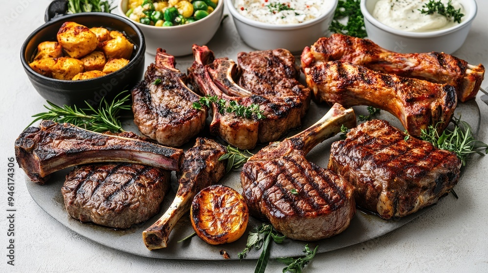 Succulent grilled meat dishes arranged beautifully alongside fresh herbs and side dishes, ready to delight the palate Succulent grilled meat dishes arranged beautifully alongside fresh herbs and side dishes, ready to delight the palate