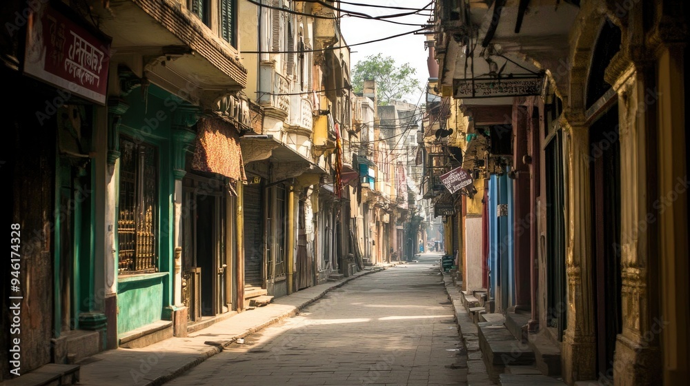 Quiet Street in Old Delhi: A narrow street in Old Delhi, with historic buildings, closed shops, and a sense of timelessness Quiet Street in Old Delhi: A narrow street in Old Delhi, with historic buildings, closed shops, and a sense of timelessness